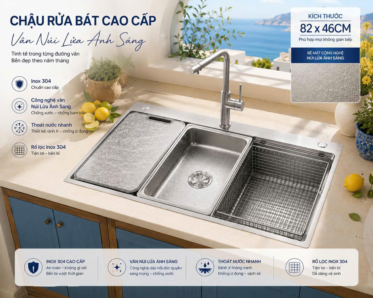 Chậu Rửa Bát 1 Hố Carrie CR8246 - Vân Núi Lửa Chống Xước